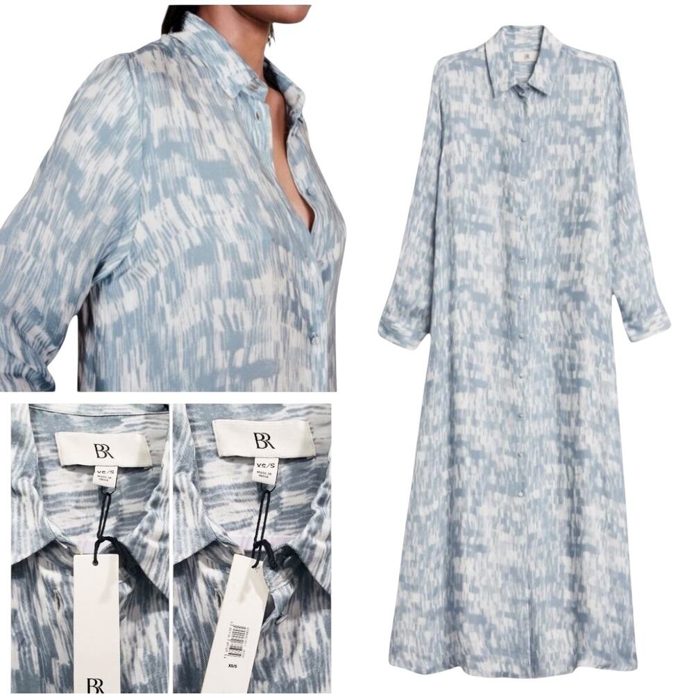 Banana Republic Alani Blue Print Twill Long Sleeve Maxi Shirt Dress XL/XXL NWT